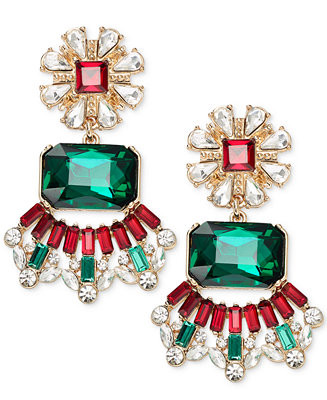 Holiday Lane Gold-Tone Multicolor Mixed Crystal Statement Earrings, Created for Macy's - Macy's | Macy's