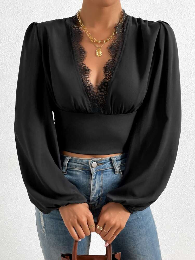 Eyelash Lace Trim Lantern Sleeve Blouse | SHEIN