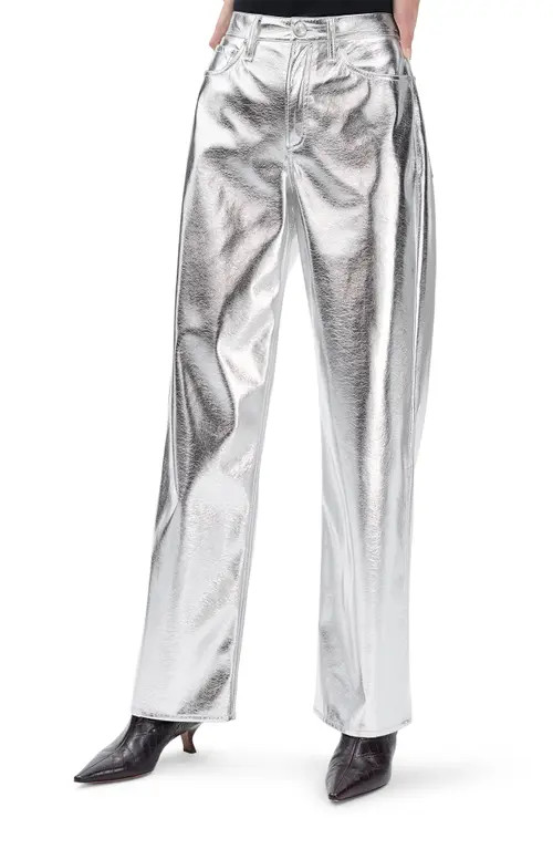 rag & bone Logan High Waist Faux Leather Wide Leg Pants in Silver at Nordstrom, Size 24 | Nordstrom