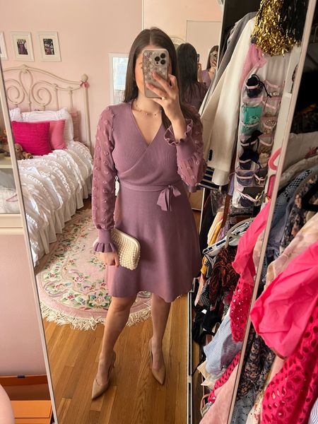 Wedding guest dress, spring dress, purple dress, lavender, nude heels, nude pumps, sarah Flint pumps, Pearl bag, Pearl clutch, chicwish, Easter dress, Easter outfit, brunch outfit, confirmation, knit dress, wrap dress

#LTKwedding #LTKunder100 #LTKSeasonal