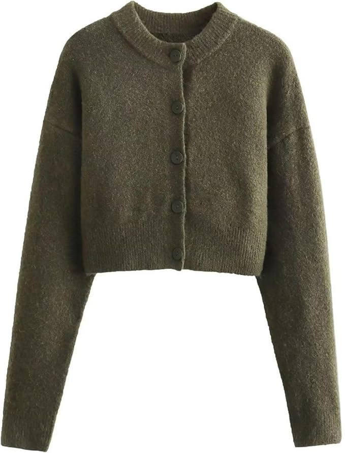 FindThy Women’s Cropped Cardigan Sweater Crewneck Solid Color Long Sleeve Button Down Knitted O... | Amazon (US)