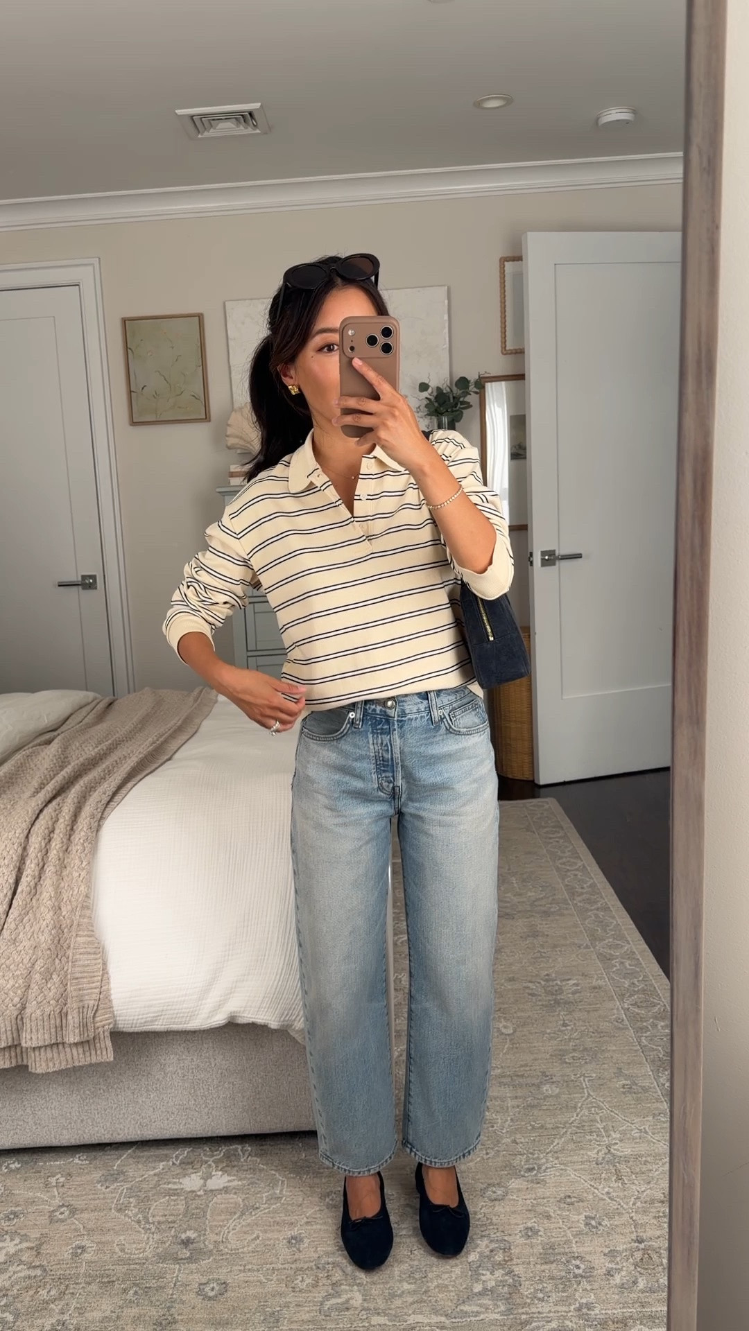 Size info below! 
• Long sleeve cotton polo XXS, TTS loose relaxed fit 
• Barrel leg jeans 24 short, waist runs loose on me, mid-rise relaxed fit, perfect length for petites 
• Zip shoulder bag 
• Oval sunglasses 
• old ballet flats 5.5, linked similar 

Petite friendly jeans, transitional fall outfit, easy autumn outfit

#LTKPetite #LTKSeasonal #LTKootd