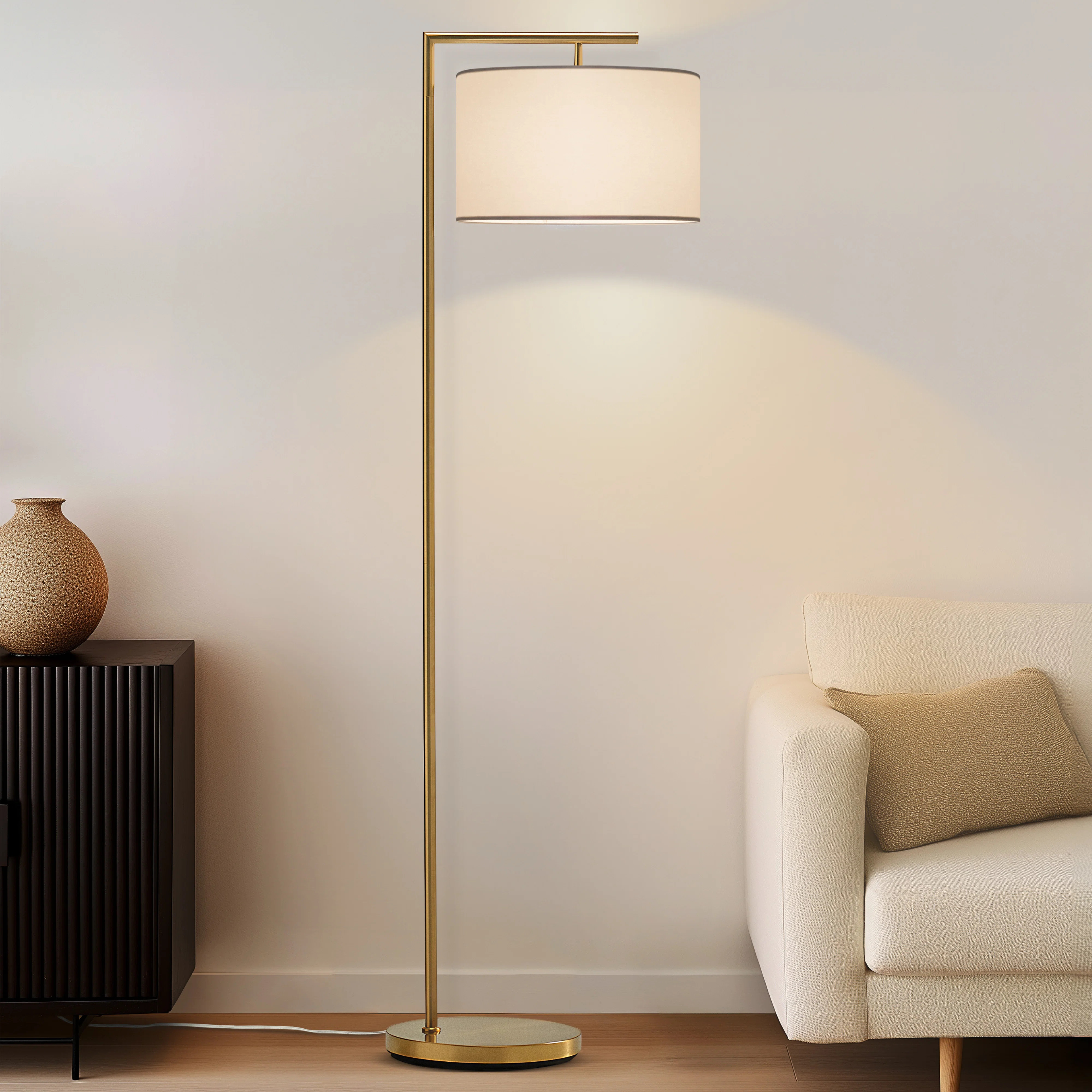 Montage Modern 60" Gold LED Floor Lamp with White Fabric Drum Shade, Bulb Included | Wayfair North America