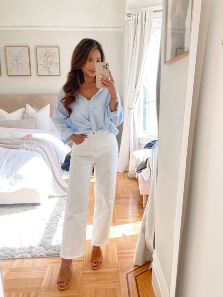 Classic summer outfit 

Sizing:
Oversized button up poplin shirt - tts, xs
Denim - tts, 25 standard in the crop style / my color is tile white from last year but they have a cream color this year
Wedges - I sized up half a size super comfy