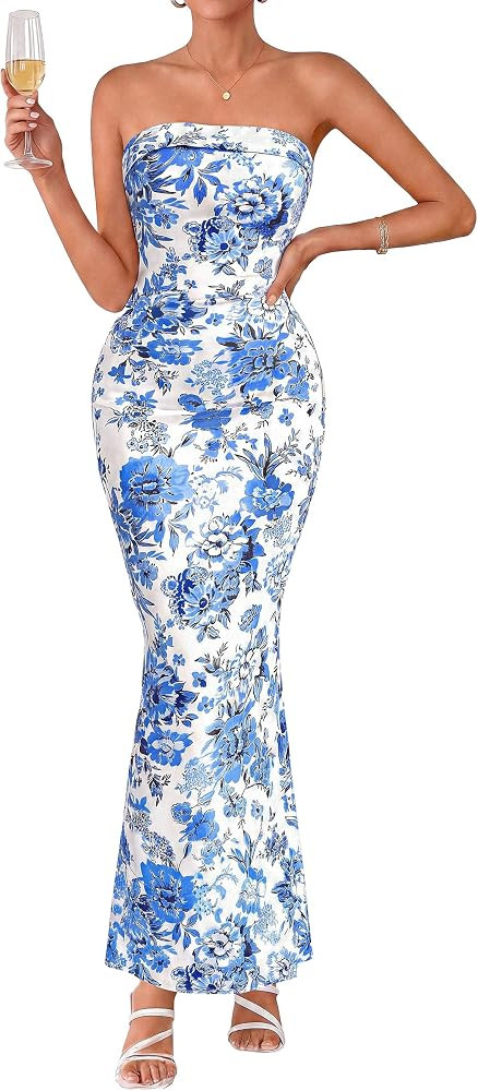 PRETTYGARDEN Womens Strapless Maxi Dress 2026 Summer Floral Bodycon Sleeveless Tube Back Slit Wed... | Amazon (US)