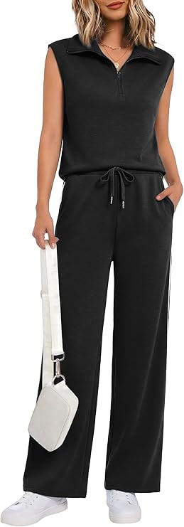 Two Piece Sets for Women 2026 Summer Half Zip Sleeveless Top Wide Leg Striped Pants Sweatsuits | Amazon (US)