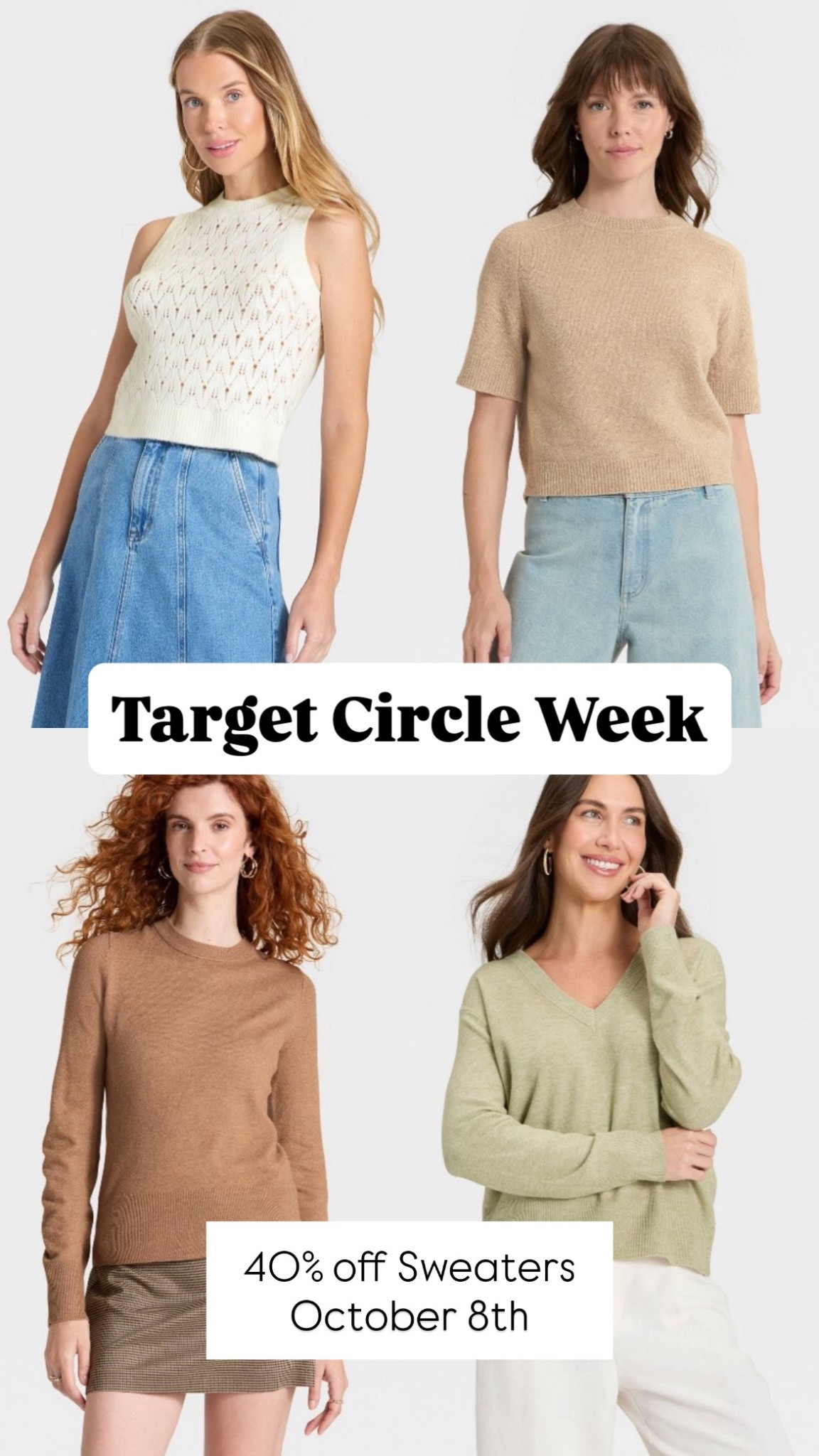 I love Target sweaters and love these for a fall to winter outfit transition. I got the bottom two last year in different colors and am going to grab them again because they're so pretty and soft! Everything is 40% off October 8th only! 

#LTKMidsize #LTKSaleAlert #LTKStyleTip