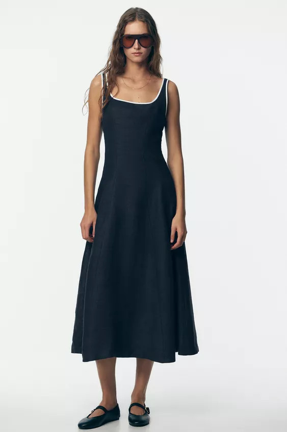 CONTRAST PIPING LINEN MIDI DRESS | Zara US