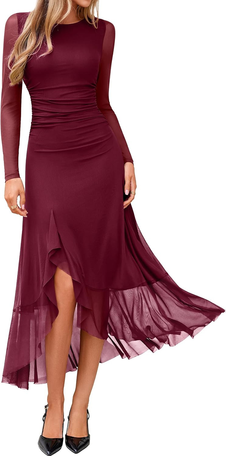 BerryGo Women's Long Sleeve Mesh Fall Wedding Guest Midi Dress | Amazon (US)