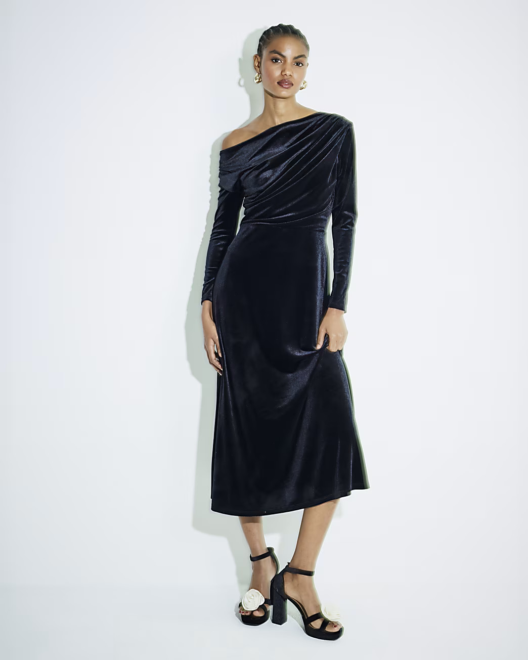 Black Velvet Drape Off Shoulder Column Dress | River Island (UK & IE)