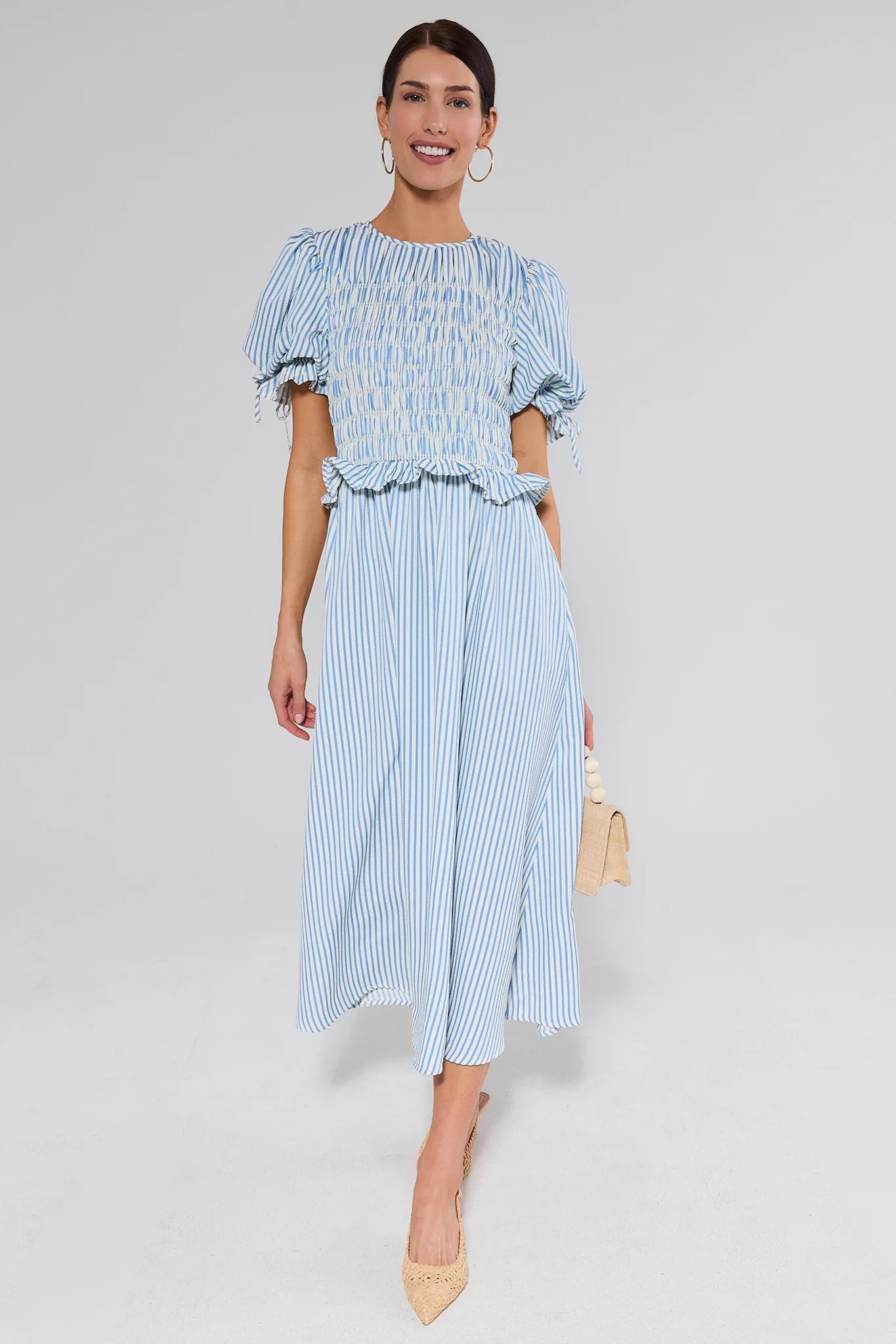 Skylar Blue Striped Smocked Midi Dress | Avara