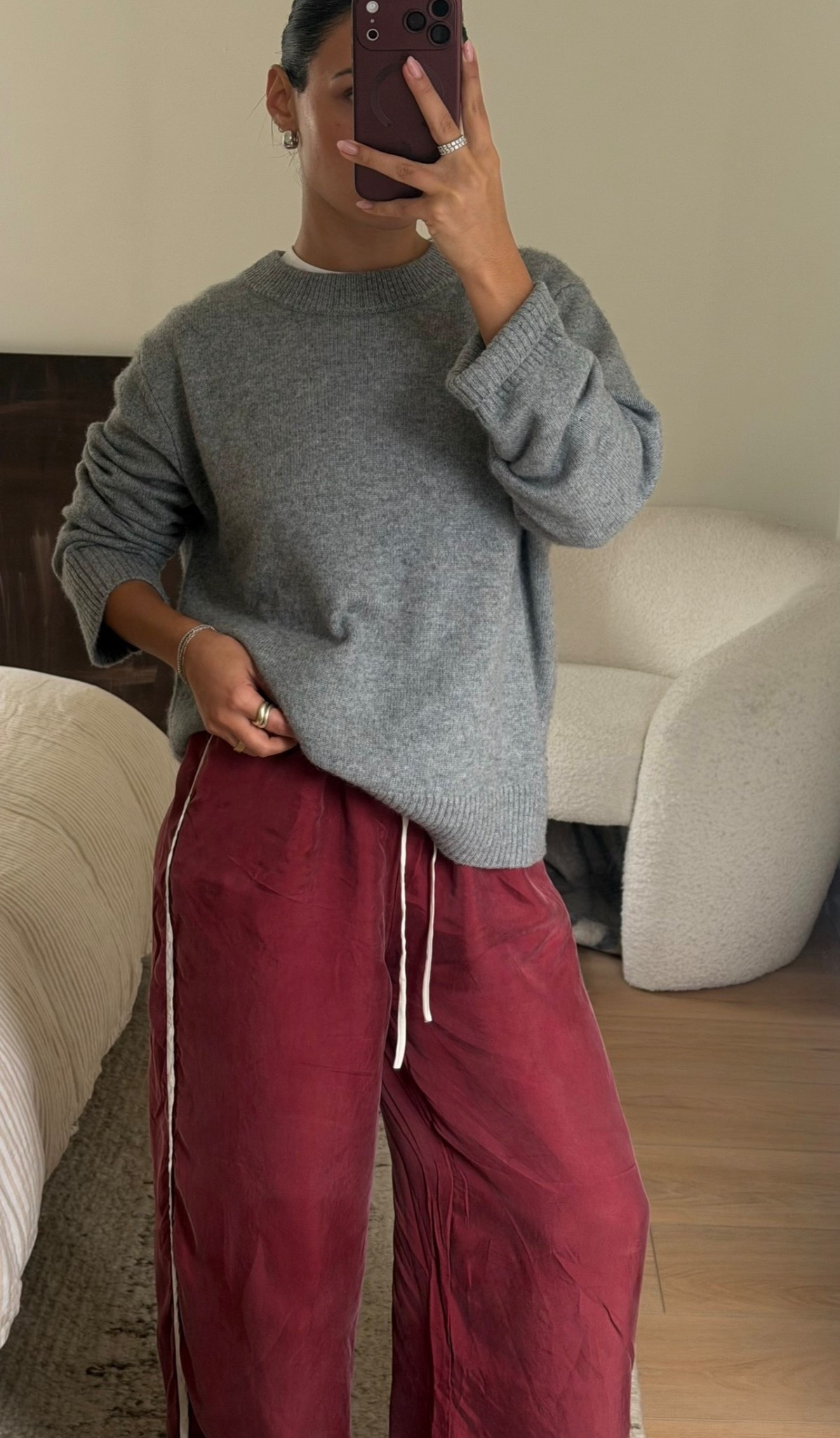 Quince grey crewneck sweater + VRG girl burgundy pants #ootd 

#LTKGiftGuide #LTKootd #LTKdayinmylife