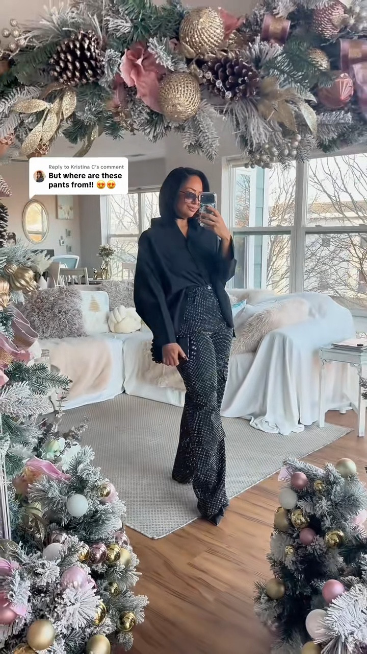 All black sparkly rhinestone jeans outfit for the holiday season or date night ✨🖤

monochromatic 
holiday party outfit 
chic style 
gifts for her 

#LTKStyleTip #LTKFindsUnder100 #LTKOver40