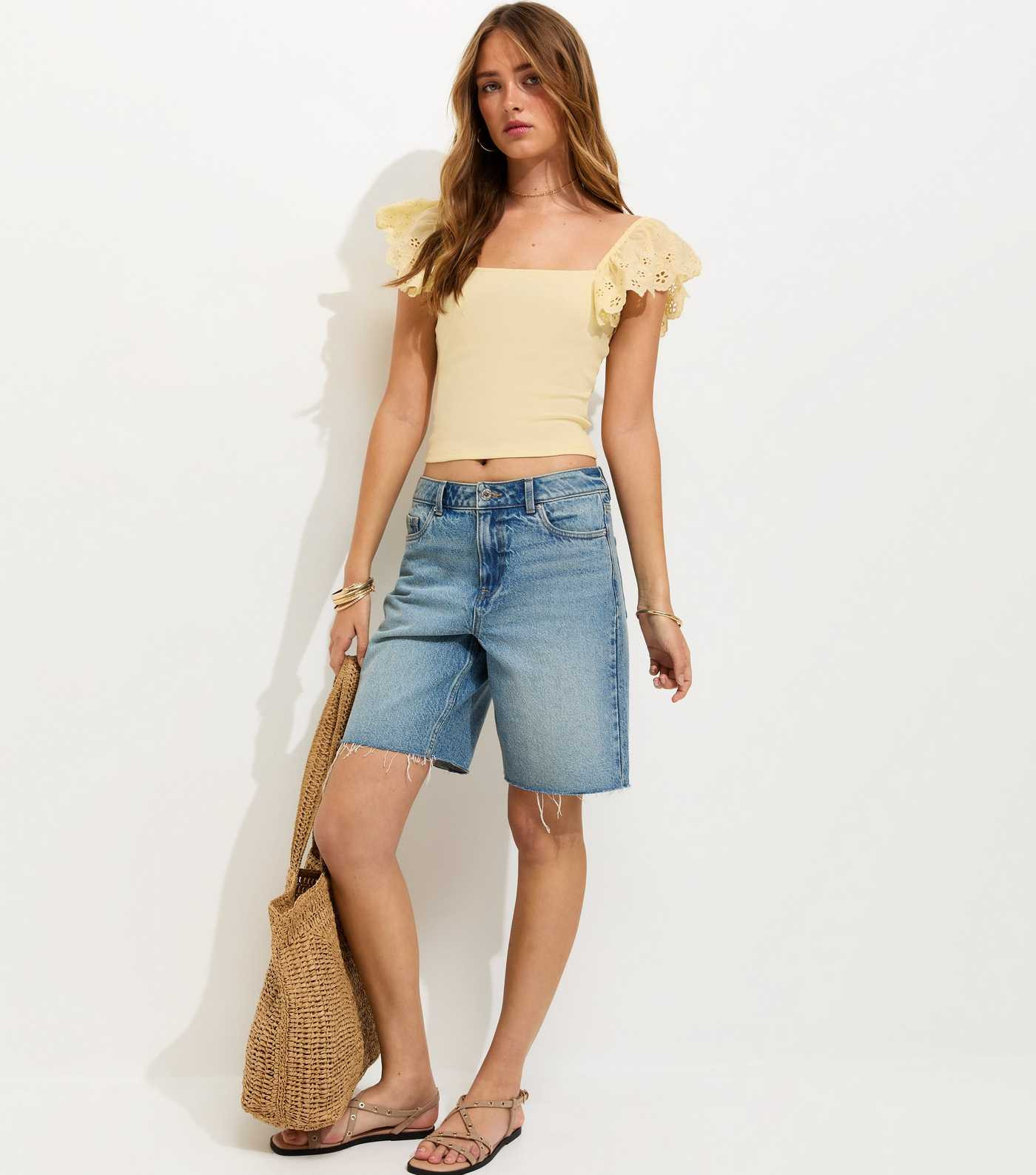Light Yellow Ribbed Jersey Broderie Sleeve Vest Top | New Look | New Look (UK)