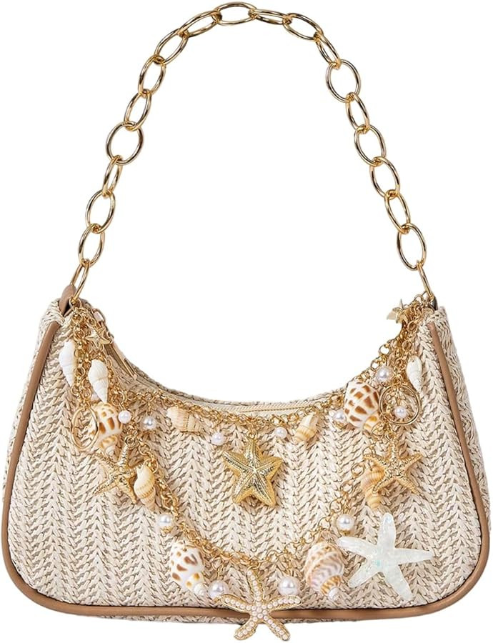 Verdusa Women's Boho Seashell Starfish Straw Shoulder Handbags Chain Strap Top Handle Underarm Ba... | Amazon (US)