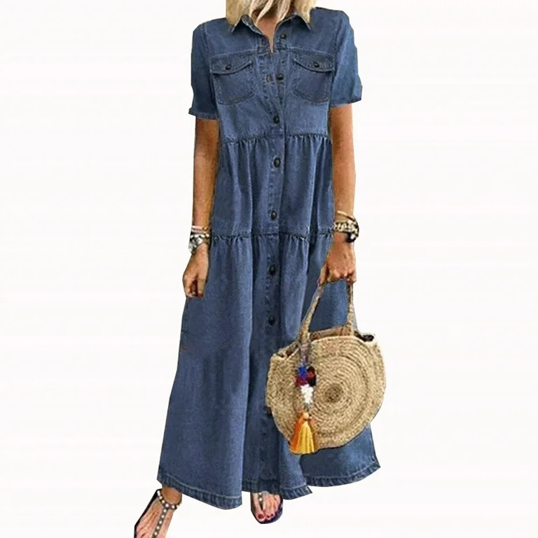 Women Denim Short Sleeve Long Dress, Summer Casual Ruffled Button Down Denim Dresses Pleated Dres... | Walmart (US)
