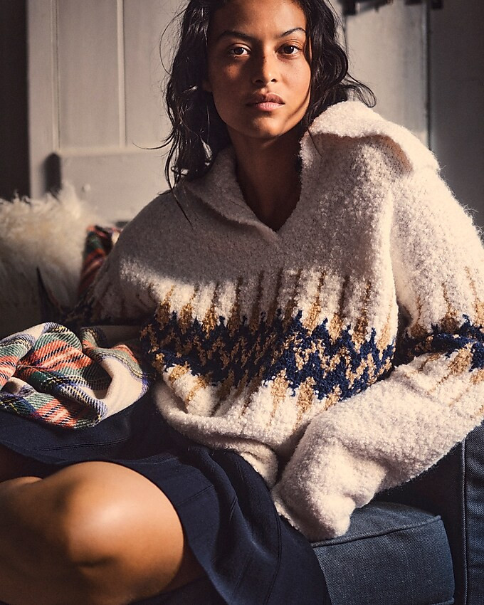 Fair Isle johnny-collar sweater in boucl&eacute; yarn | J. Crew US