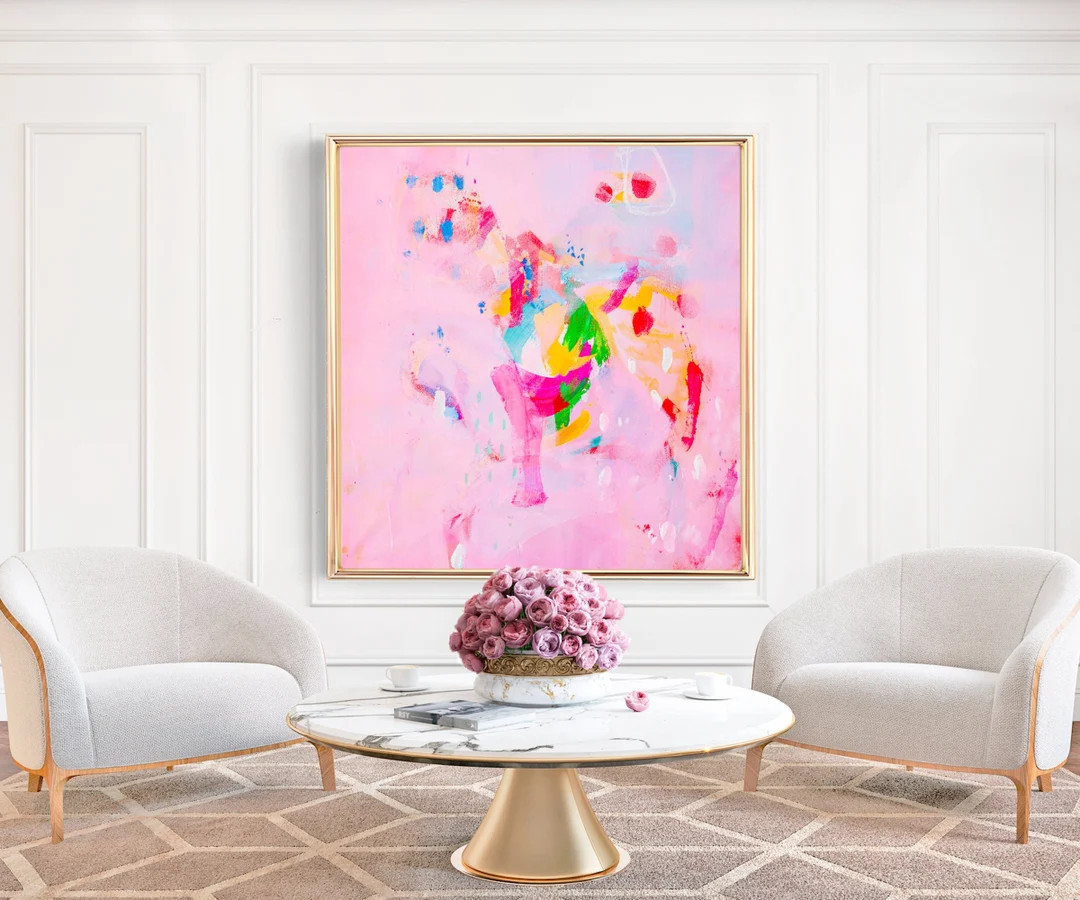 Light Pink Original Print Abstract Canvas Painting Colorful Fun Light Modern Wall Art Large Abstr... | Etsy (US)