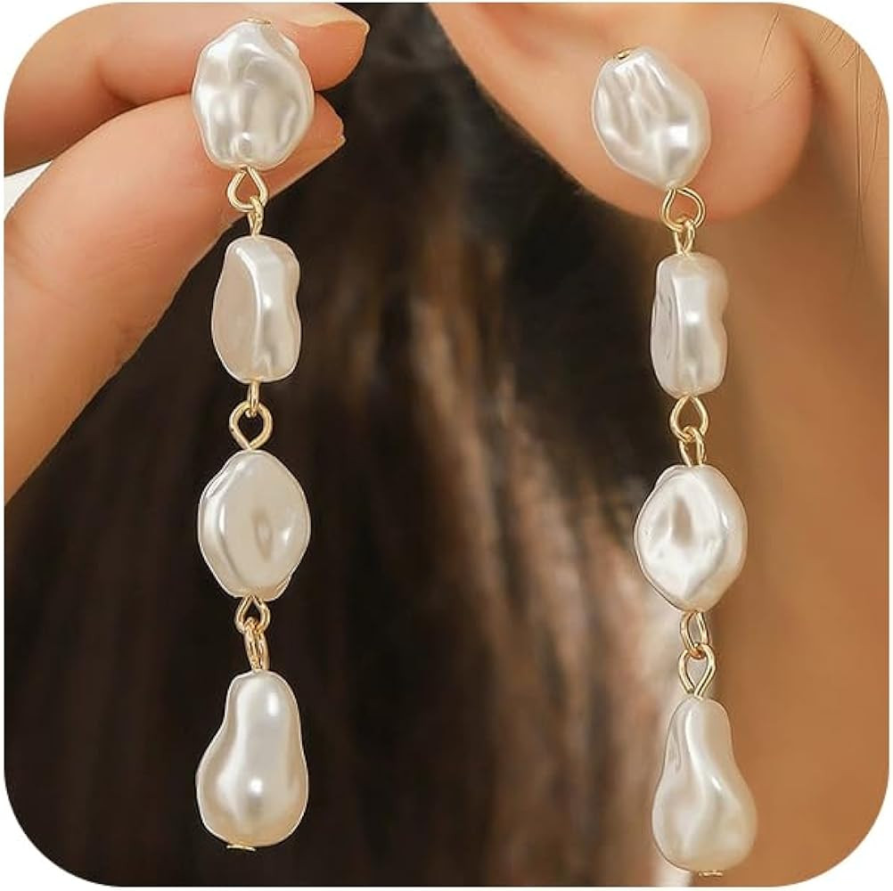 Long White Pearl Dangle Drop Gold Earrings for Women, Delicate Baroque Beaded Teardrop Pearls Sil... | Amazon (US)
