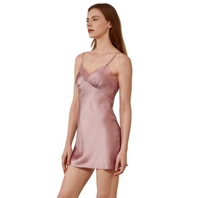 Mommesilk Leaver Lace Splice Silk Mini Slip Dress M, Rosy Pink | Target