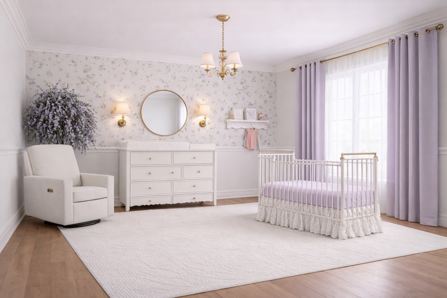 This bright and airy baby girl nursery is the perfect mix of soft elegance and timeless design ✨ Featuring delicate floral wallpaper, a lavender crib, neutral tones, and gold accents, this space feels calm, feminine, and high-end. If you love neutral nursery decor with a soft pop of color, this look is perfect for creating a peaceful and beautiful baby room 🤍 Save for nursery inspiration, baby girl room ideas, and elegant nursery decor.

Shop the room below 👇🏻 

#LTKBump #LTKBaby #LTKHome