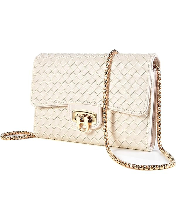 Women's Woven Leather Small Crossbody Bag – Small Purse with Chain Strap, Fits iPhone, Cards ... | Amazon (US)