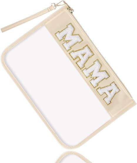 izuzta Chenille Letter Clear Bag Mama Purse Pouch, Monogram PVC & PU Clear Zipper Pouch with Wris... | Amazon (US)