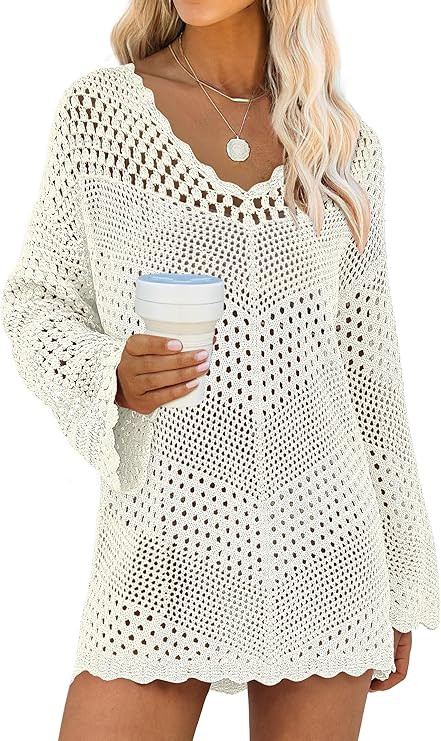 ANRABESS Swimsuit Cover Up for Women Crochet Bathing Suit Summer Swimwear V Neck Mesh Knit Dress ... | Amazon (US)