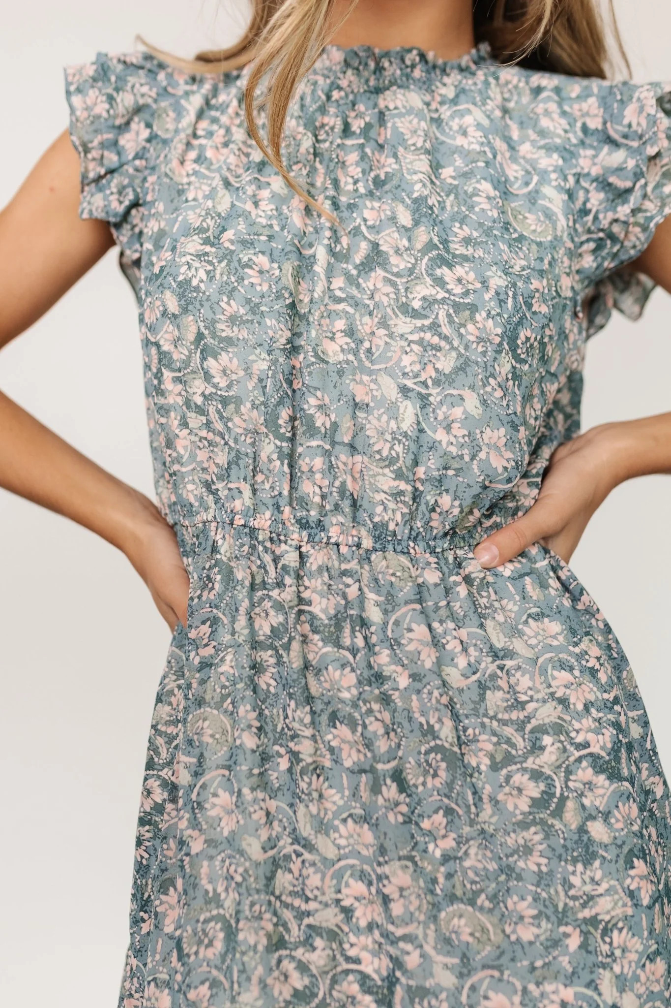 Azia Ruffle Sleeve Midi Dress | Blue + Pink | Baltic Born