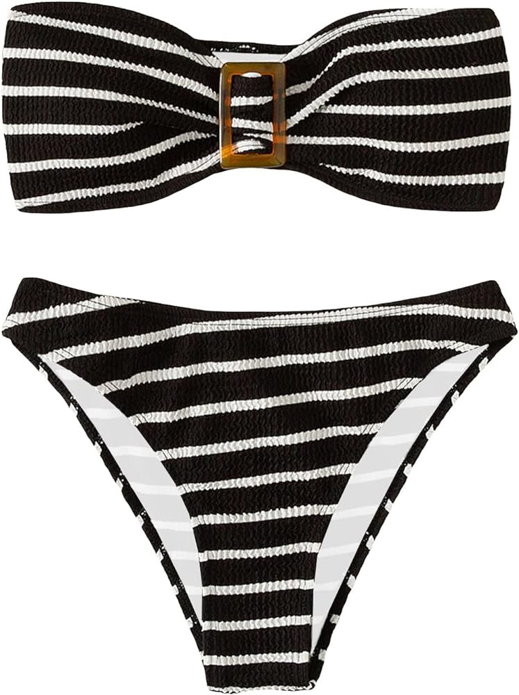 GORGLITTER Women's 2 Piece Strapless Swimsuit Striped Bandeau High Waisted Thong Bikini Set Bathi... | Amazon (US)