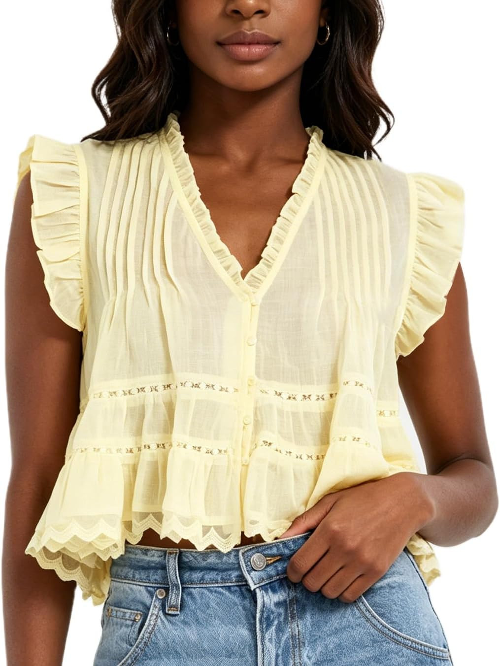 Women's Ruffle V Neck Babydoll Tank Top, Semi Sheer Lace Flowy Peplum Top, Boho Eyelet Button Down Crop Shirt Summer | Amazon (US)