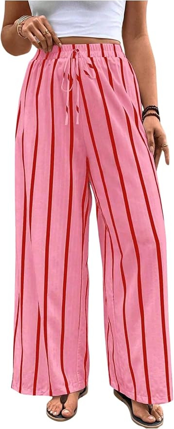 SOLY HUX Women's Striped Wide Leg Pants Tie Front High Waisted Baggy Pants Casual Vacation Trouse... | Amazon (US)