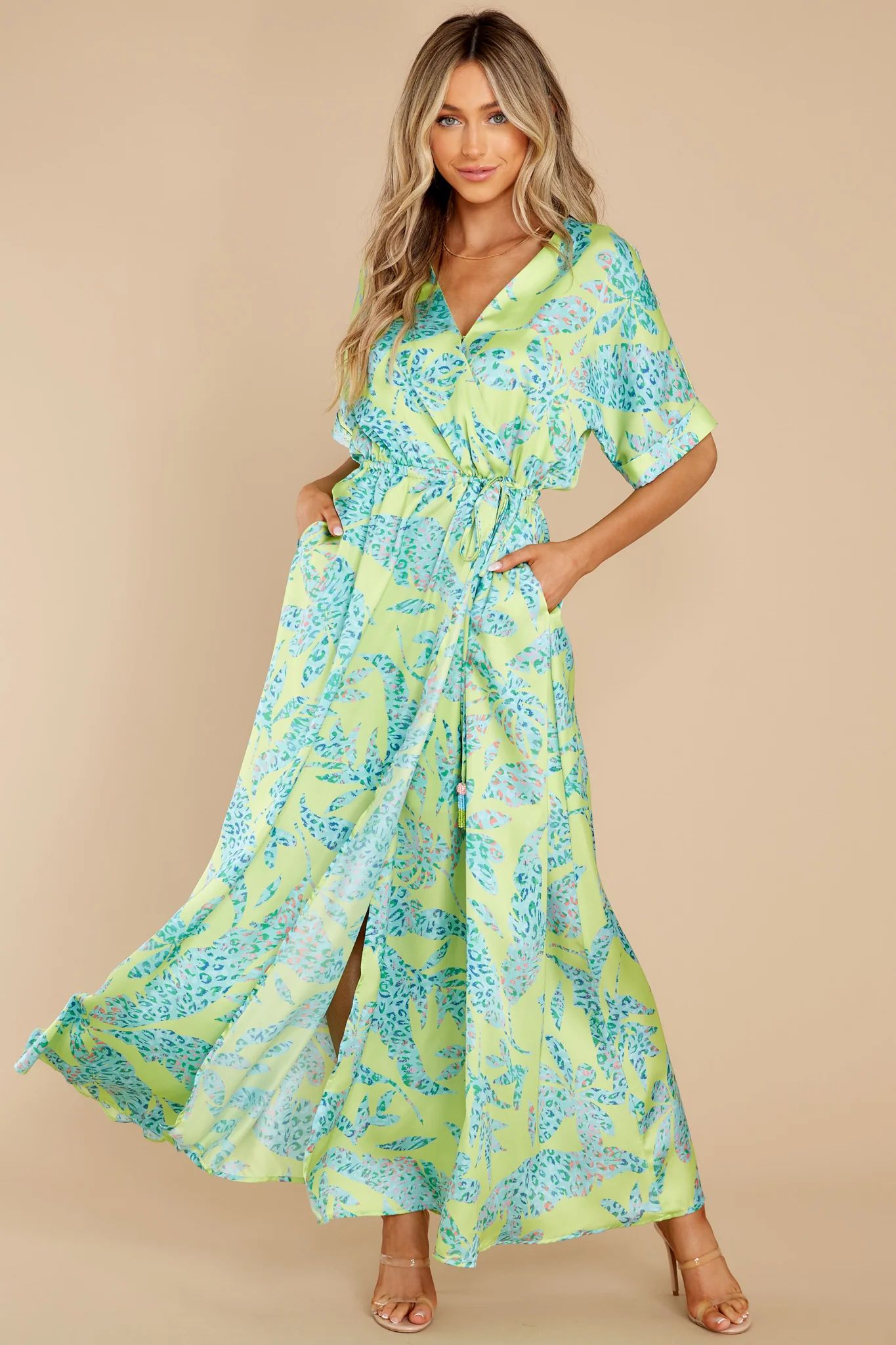 Viera Wild Lime Print Satin Faux Wrap Maxi Dress | Red Dress 