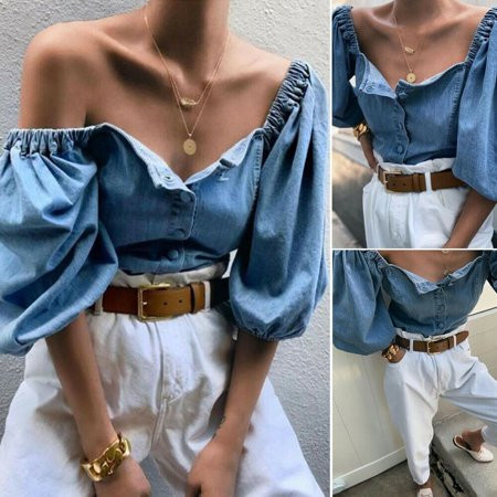 Pop Autumn Women Elastic Stretch Off Shoulder Tops Three-quarter Sleeve Denim Blouse Sexy Clothes, B | Walmart (US)
