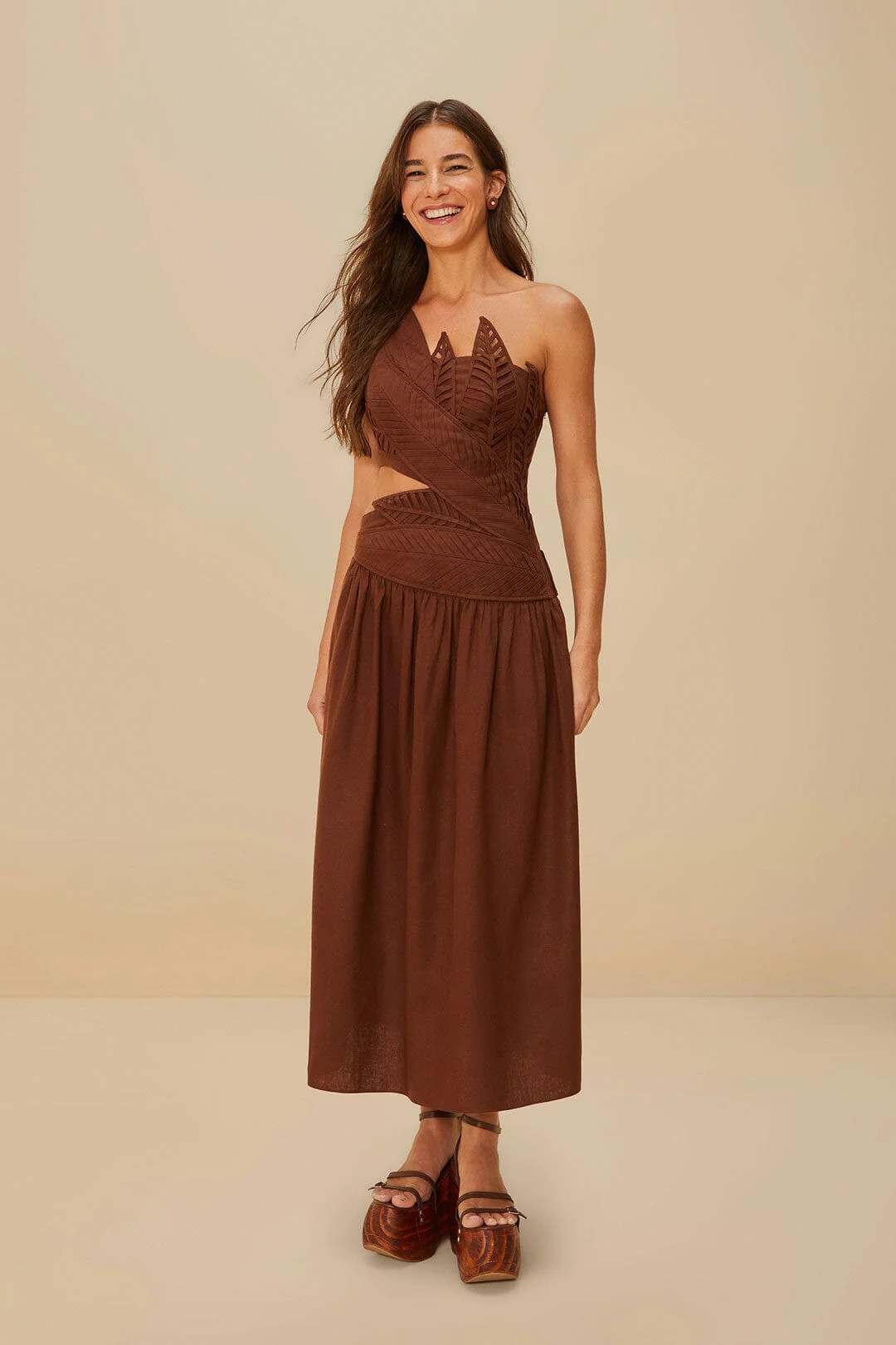 Burgundy Leaves Cut-Out LENZING™ ECOVERO™ Euroflax™ Midi Dress | FarmRio (US)