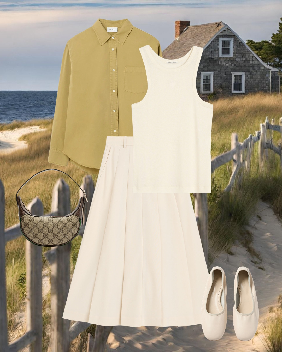 Coastal Cottage Core Style | Mustard Button-Down, Cream Pleated Midi Skirt & Gucci Ophidia Bag 

 #LTKgrwm #LTKootd #LTKSeasonal