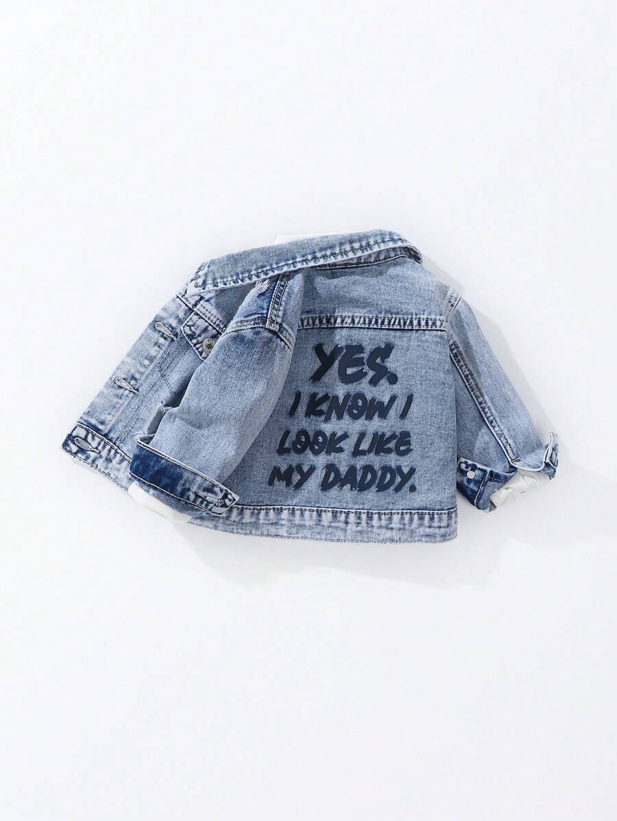 SHEIN Baby Boy Casual Everyday Street Style Light Wash Denim Ripped Slogan Print Jacket | SHEIN