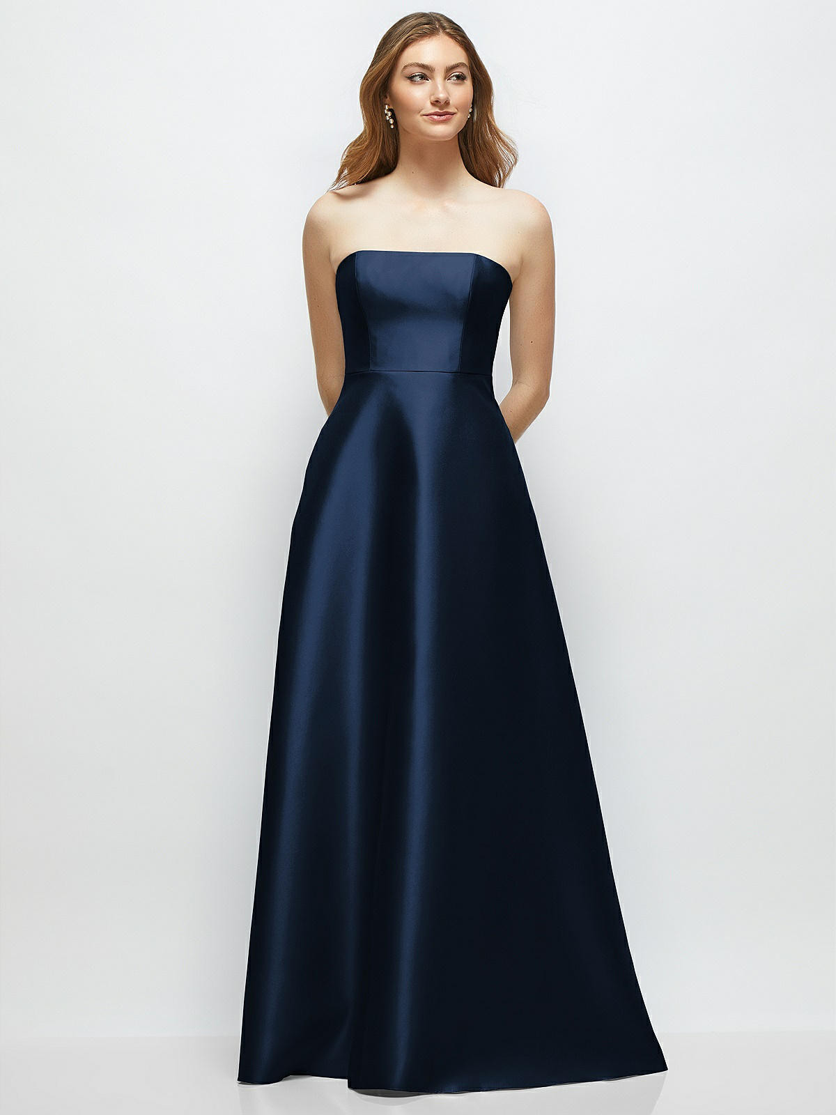 Strapless Satin Gown with Full Skirt and Covered Buttons at Back in Midnight Navy | Dessy Group