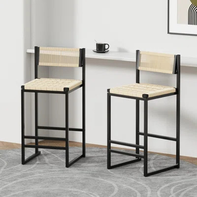 Set Of 2 Woven Bar Stools With Backrest Paper Rope Weave Dining Chairs For Kitchen Island | Wayfair North America