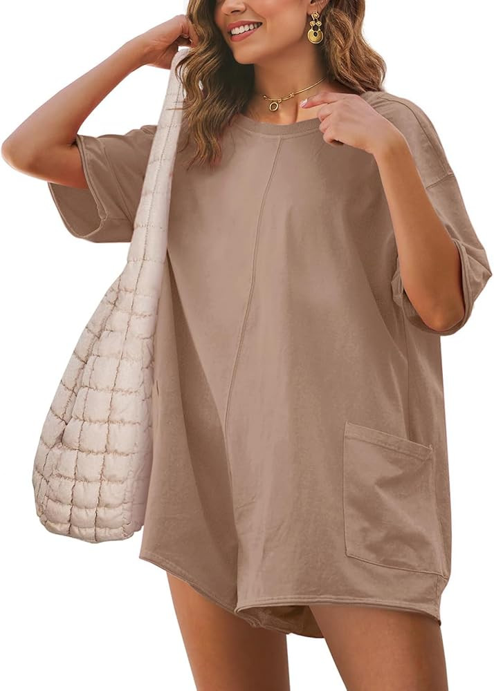 Glamaker Women's Summer Oversized Tee Romper Casual Workout Athletic Romper Onesie Backless Loose... | Amazon (US)