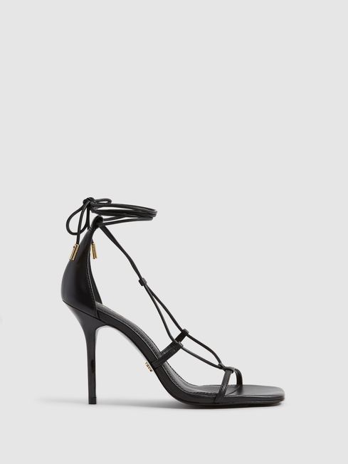 Reiss Black Kali High Leather Strappy Wrap Sandals | Reiss UK