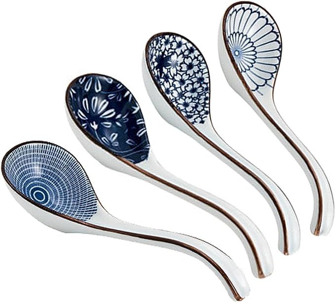 Ceramic Soup Spoons Sets of 4,Asian Soup Spoons,Long Ramen spoons,Japanese soup spoons for Pho,Wo... | Amazon (US)