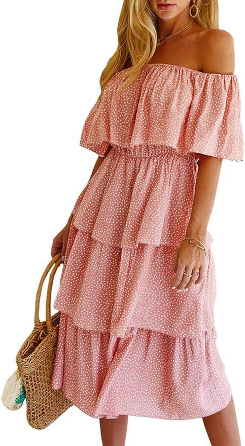 MissyLife Women's Off Shoulder High Waist Polka Dot Pleated Layered Midi Dress | Amazon (US)