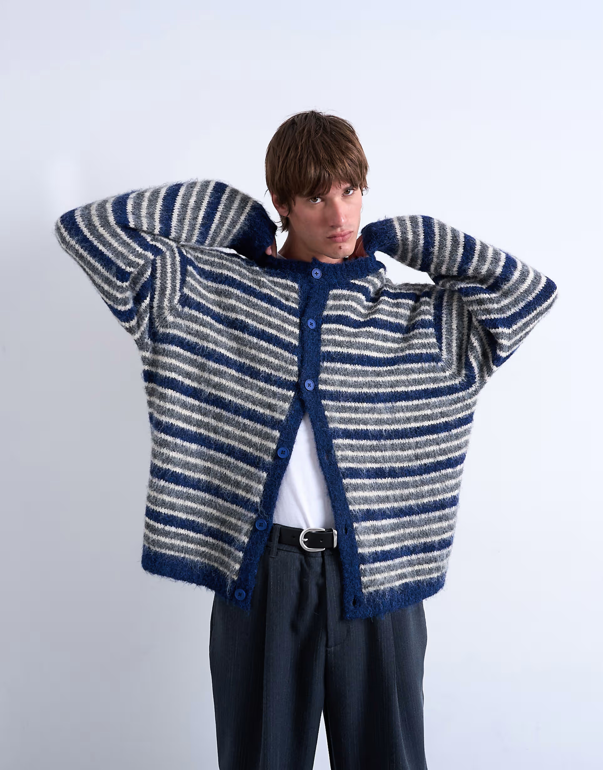 Topman fluffy stripe crew cardigan in blue | ASOS | ASOS (Global)