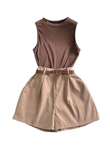 OYOANGLE Women's 2 Piece Outfits Ribbed Tank Top and Pleated Wide Leg Belted Shorts Business Casual Outfits Brown Small | Amazon (US)
