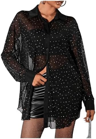 MakeMeChic Women's Mesh Shirt Long Sleeve Button Down Glitter Sequin Sheer Y2k Top Shirts | Amazon (US)
