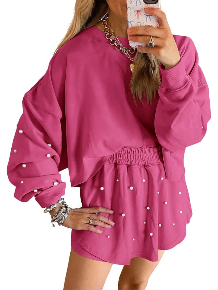 Fisoew Womens Lounge Sets 2 Piece Outfits Decor Pearl Long Sleeve Sweatshirt Skort Skirt Tracksui... | Amazon (US)