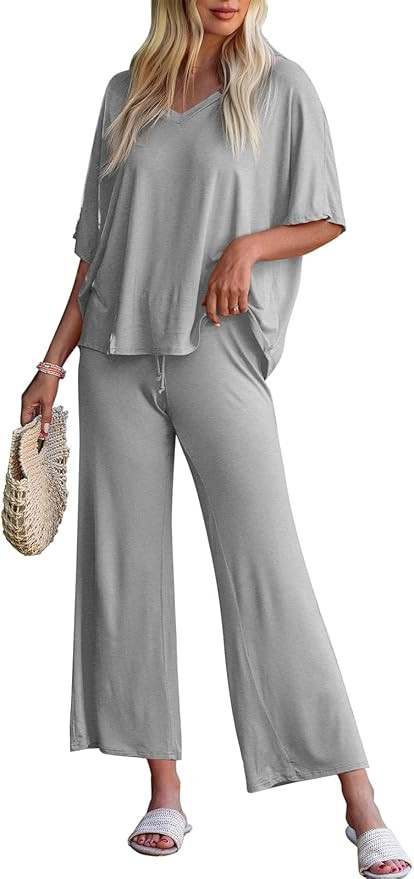 Tankaneo Womens 2 Piece Outfits Lounge Sets Oversized Short Sleeve V Neck Tshirts Wide Leg Croppe... | Amazon (US)