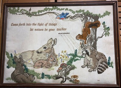 Vintage Completed Framed Needlepoint Forest Animals Wm Wordsworth Quote 24"X18"  | eBay | eBay US