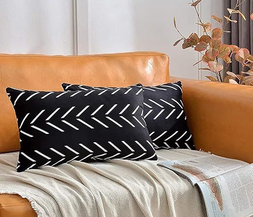 DWDC Velvet Pillow Covers 12X20 inch Pack of 2 Black Lumbar Pillowcase White Arrows Print Blend D... | Amazon (US)